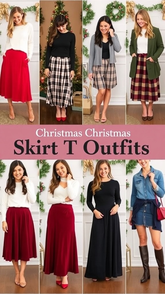 Stylish Christmas skirt outfits for women in a festive setting.